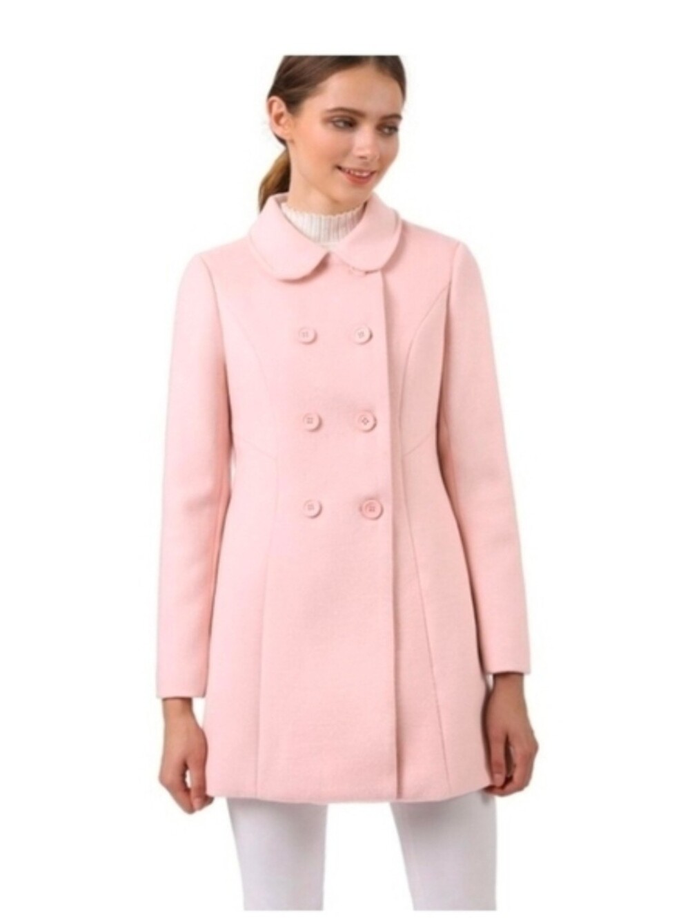 Allegra K Women's Peter Pan Collar Double Breasted Long Sleeve Winter Coat Lengt